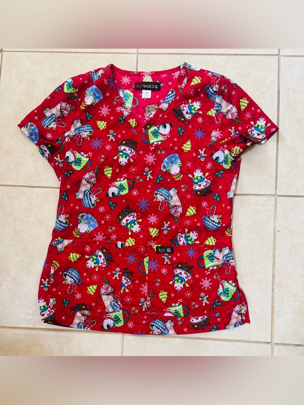Koi Red Holiday Print Scrub Top